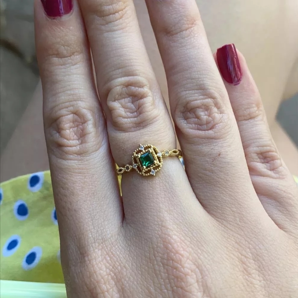 NEW Handmade Lace 14k Gold Filled Diamond Emerald Milgraine Adjustable Ring - Picture 15 of 16